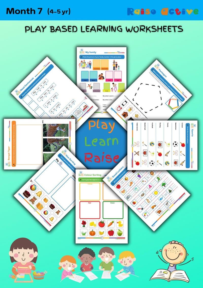 Month 7 Play Based Learning Worksheets (4-5 Yr) | Literacy, Math & EVS - Page 1